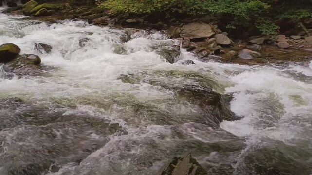 A rushing woodland stream pours over and around mid-stream boulders autumn, East Lyn River at Watersmeet, near Lynmouth, Exmoor National Park, Devon, England, United Kingdom, Europe