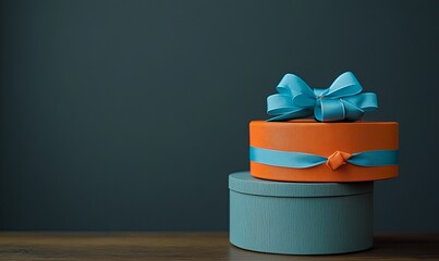 Two round gift boxes with blue ribbon on a wooden table against a dark gray background.