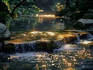 A close-up shot of a tranquil stream flowing over smooth stones