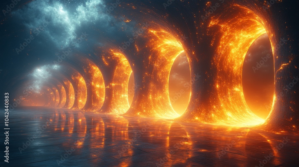 Poster a series of glowing portals emits a warm, fiery light, contrasting with the dark clouds above in a m
