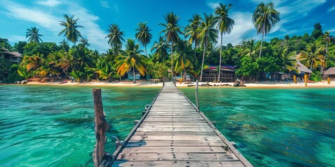 Wooden walkway leading to tropical beach with turquoise water and lush palm trees.