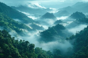 Obraz premium Misty Mountain Landscape with Lush Green Foliage