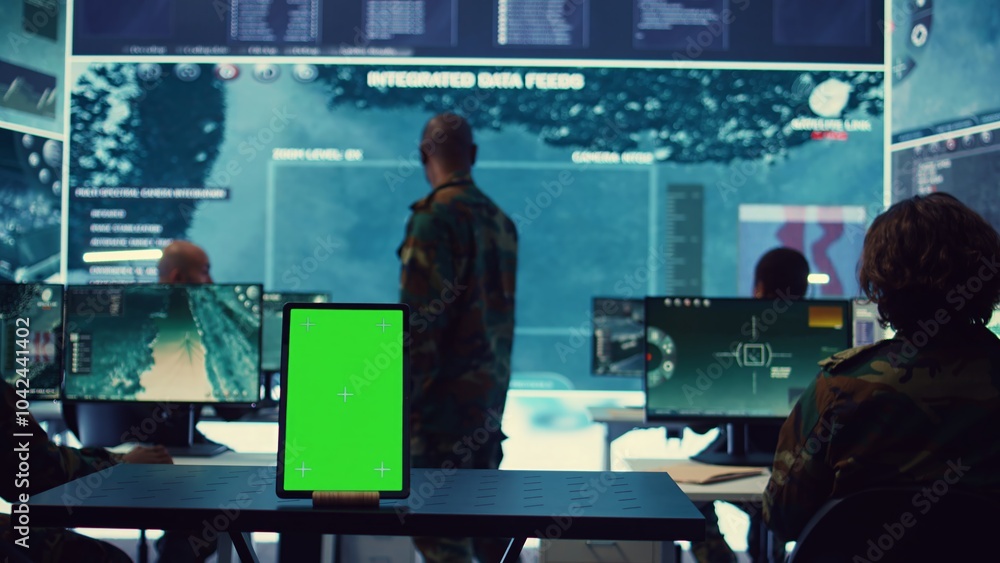 Aufkleber isolated greenscreen display running on a tablet in military power base, soldiers follow surveillanc