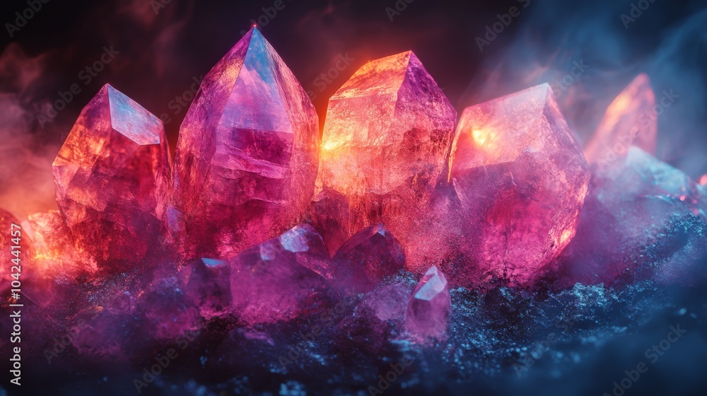 Poster a cluster of radiant pink crystals glows softly against a dark backdrop, casting enchanting reflecti
