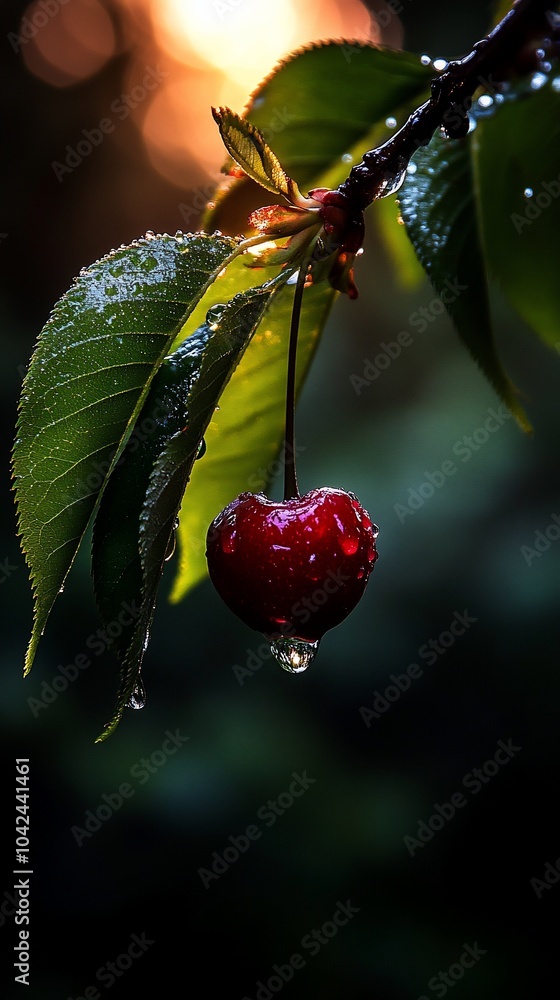 Poster a single ripe cherry hangs from a branch with raindrops on it, illuminated by the setting sun.