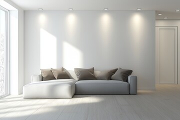 Fototapeta premium Interior Living Room, Empty Wall Mockup in a London Modern Living Room With a Sleek Sofa, 3d Render Real Room Template