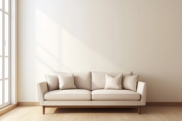 Interior Living Room, Empty Wall Mockup In White Room With Beige Sofa And Interior Furniture, 3d Render Real Room Template