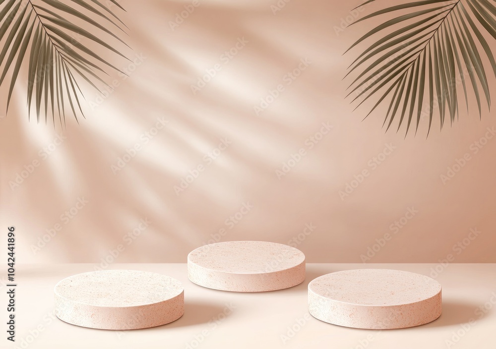 Poster minimalistic display with three circular platforms and palm leaves in a soft background.