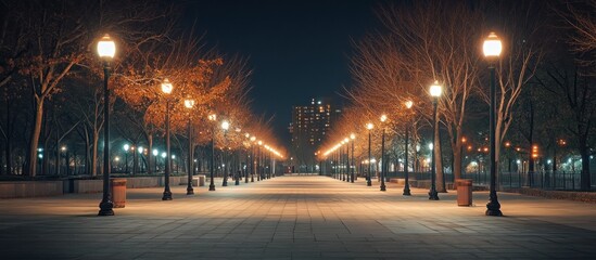 Naklejka premium A pathway lined with streetlights in a park at night.