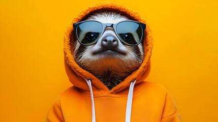 Fototapeta premium A sloth wearing sunglasses and an orange hoodie against a bright background.