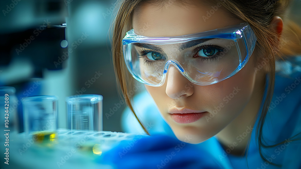 Poster a focused scientist examining samples in a laboratory setting.