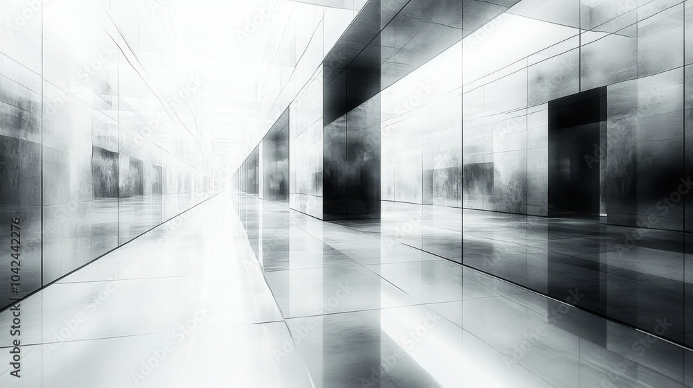 Poster A vast corridor features highly reflective walls and floors, illuminated by soft, bright light, creating an open and ethereal atmosphere in a contemporary building.
