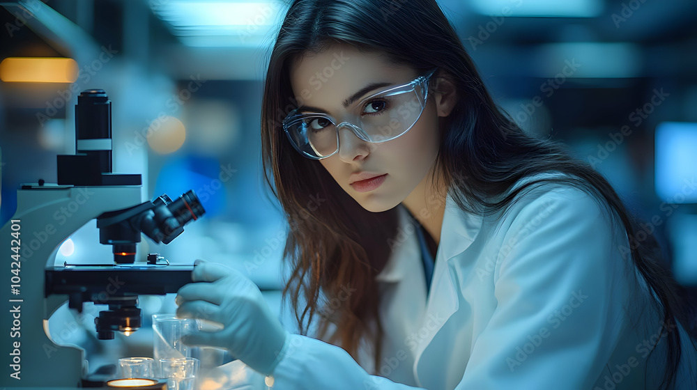 Poster young scientist examining samples under a microscope in a lab.