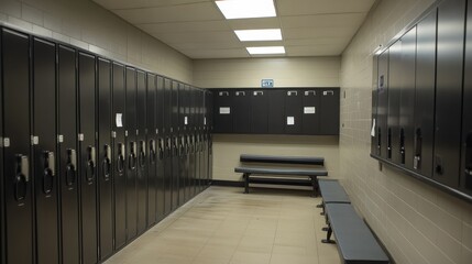 Obraz premium Gym Locker Room With Black Lockers and Gray Benches, Ideal for Post-Workout Relaxation and Changing