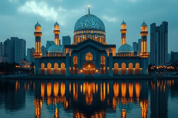 Obraz premium Illuminated Mosque Reflecting in Still Water at Dusk