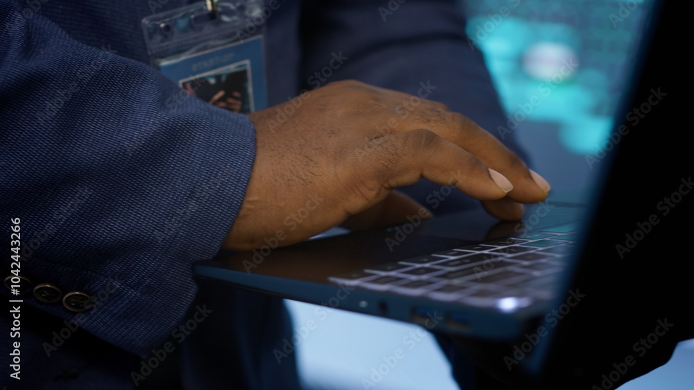 Poster it technician working on notebook in data center, overseeing server operations. extreme close up sho