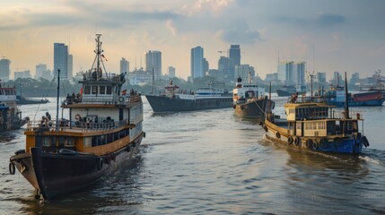Boats in the River with City Skyline