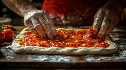Hands spreading tomato sauce on pizza dough in a kitchen setting.