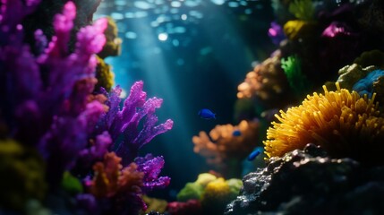 Obraz premium Vibrant coral reef with colorful fish and a sunbeam shining through the water.