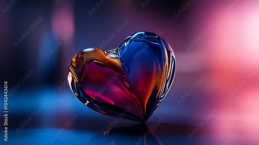 Aufkleber a glass heart with a blue and red color gradient sits on a reflective surface with a blurred backgro
