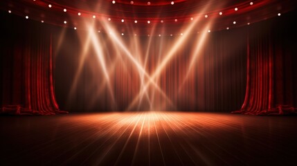 An empty stage with red curtains and spotlights
