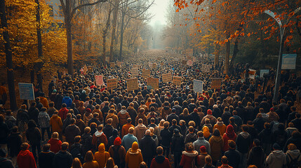 group of people on the square are rioting through the streets, demanding protests, leaders of the revolution demanding change, elections, the head of the people, the president, blue, red, flag