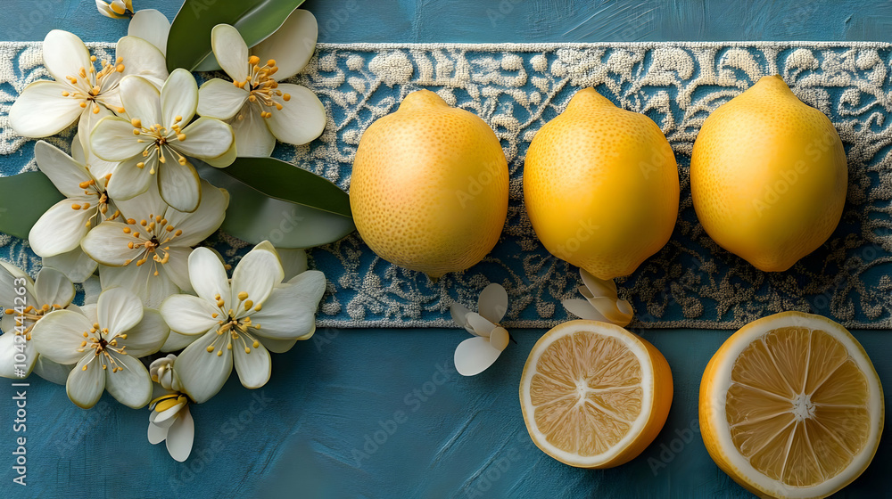 Canvas Prints Lemons, Flowers, and a Blue Background