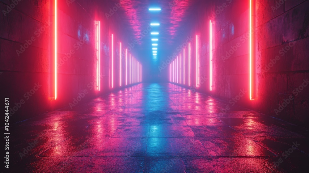Aufkleber bright neon lights cast a colorful glow along a narrow corridor, creating a captivating atmosphere i