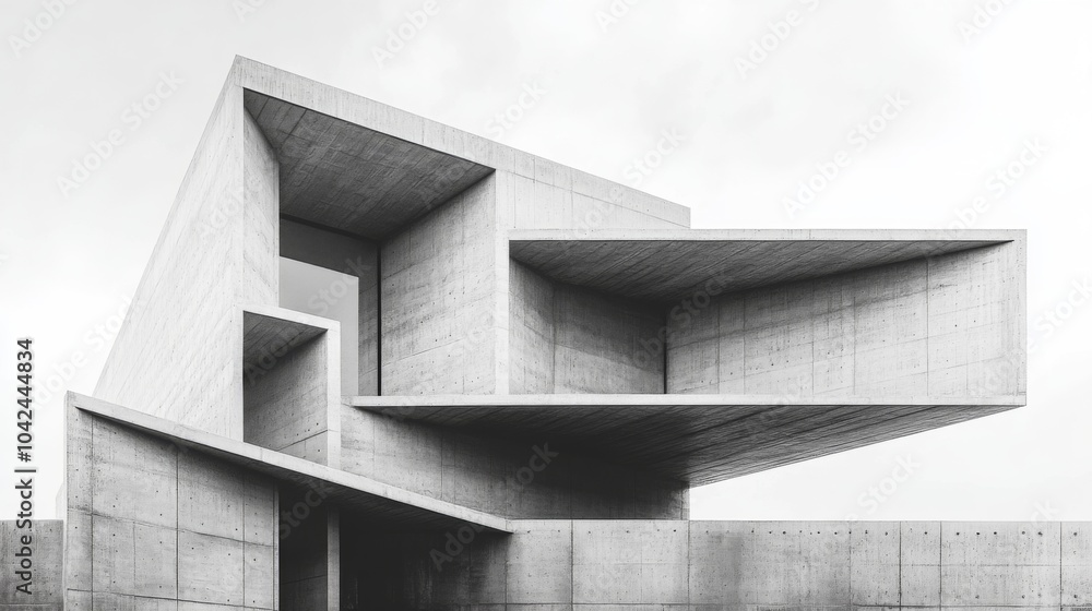 Poster A striking example of contemporary architecture features angular concrete structures that create an eye-catching silhouette against the cloudy sky.