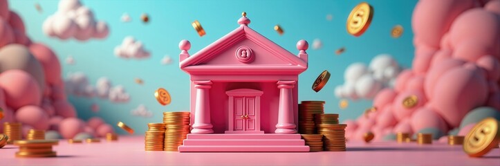 A whimsical pink bank surrounded by coins and floating emojis, symbolizing finance, investment, and playful savings. Ideal for online banking, financial services, and marketing campaigns.