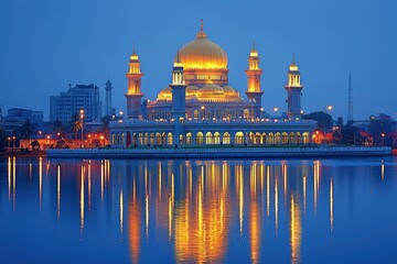 Illuminated Mosque Reflected in Calm Water at Dusk