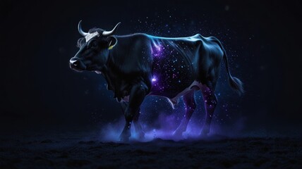 A black bull with a glowing purple and blue nebula pattern on its side, standing on a dark background.