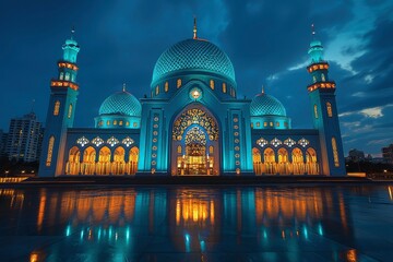 Illuminated Mosque with Blue Domes and Minarets at Night