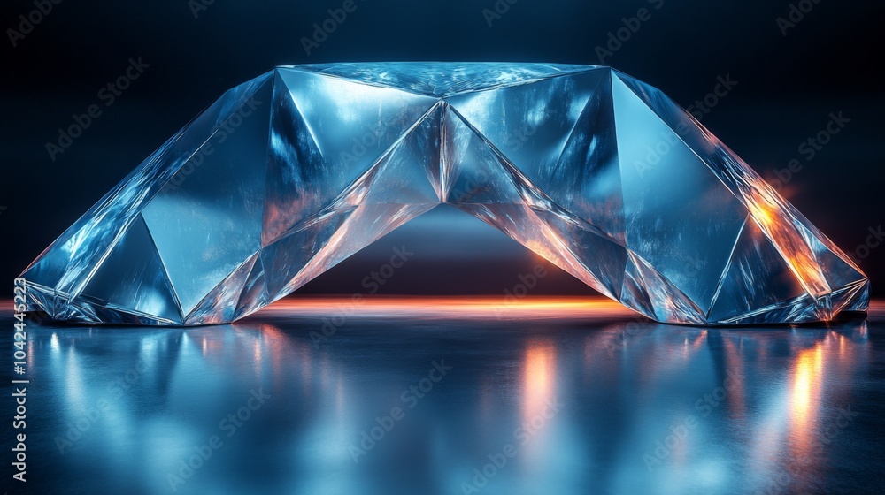 Poster The image features a striking crystal-like structure with sharp angles and a luminous glow emanating from below, creating an otherworldly aesthetic in a dim setting.