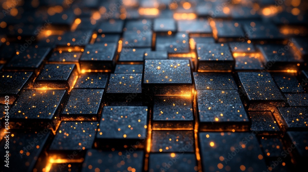 Poster Warm golden light emanates from numerous glowing squares arranged on a dark, textured surface, creating a striking abstract visual effect in a nighttime setting.