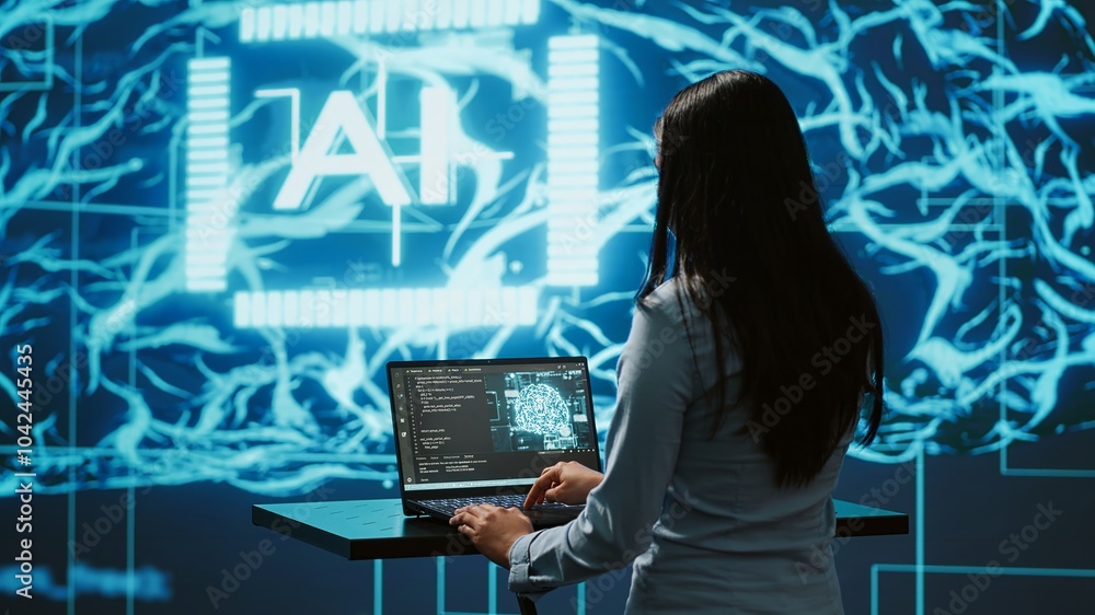 Poster ai specialist reviews data charts, emphasizing importance of data driven decision making in tech ind