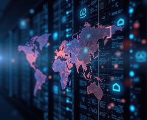 Obraz premium A futuristic digital world map visualizing global data connections, ideal for technology, cybersecurity, and data analytics themes.