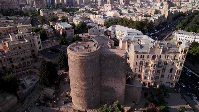 Stunning aerial panorama of Baku skyline, Maiden Tower, Baku Old Town, UNESCO World Heritage Site, Baku, Azerbaijan, Central Asia, Asia