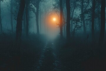 Fototapeta premium A Mysterious Path Through a Foggy Forest at Dusk