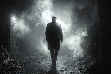Obraz premium Silhouette of a Man Walking Through Smoke and Debris in a Dark Alley