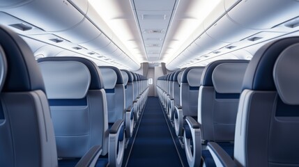 The interior of a commercial airplane cabin, featuring empty seats arranged along the aisle.