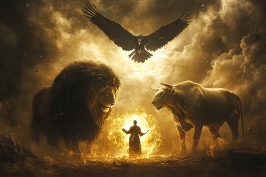 Symbolic creatures in Revelation: a lion for power, a bull for sacrifice, a man for reason, and an eagle for swiftness, representing divine vigilance and eternal praise.