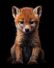 the baby Dhole portrait view, white copy space on right, Isolated on black Background