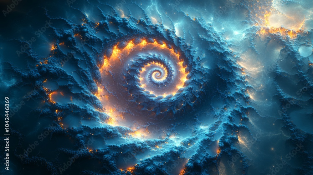 Poster a captivating cosmic spiral is on display, featuring brilliant blue and orange hues that blend seaml