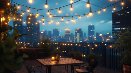 A rooftop patio at dusk is lit by string lights with a city skyline in the background