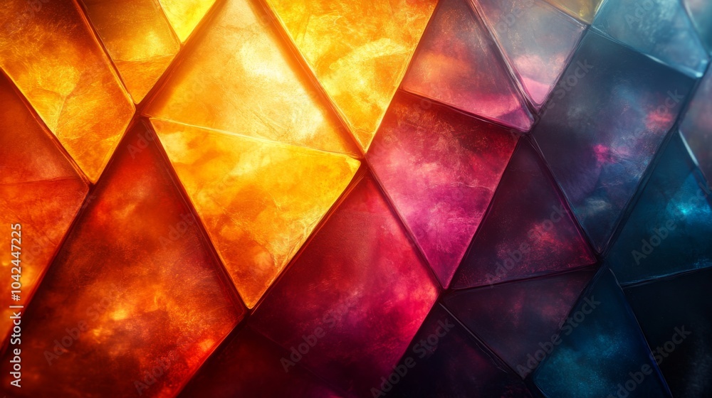 Poster The artwork showcases a vibrant abstract design with interlocking triangles displaying a blend of warm and cool colors, creating a dynamic visual effect that captivates the viewer.