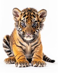 Obraz premium the baby Indochinese Tiger, portrait view, white copy space on right, Isolated on white Background