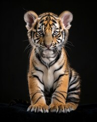 Fototapeta premium the baby Indochinese Tiger, portrait view, white copy space on right, Isolated on black Background