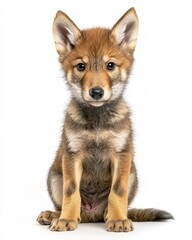 Fototapeta premium the baby Red Wolf, portrait view, white copy space on right, Isolated on white Background