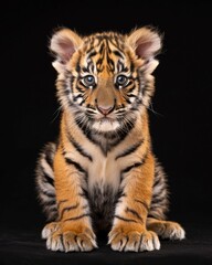 Obraz premium the baby Siberian Tiger, portrait view, white copy space on right, Isolated on black Background